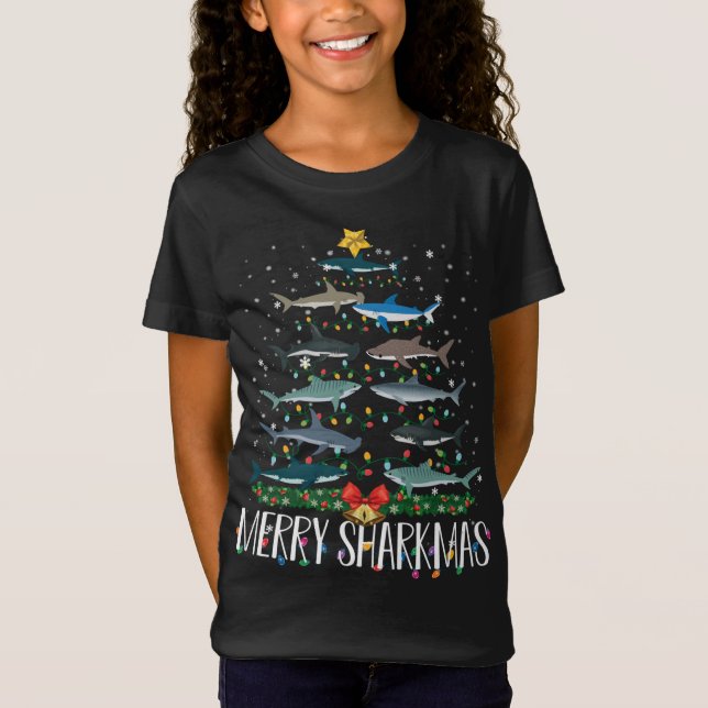 Camiseta Feliz Sharkmas Engraçado Árvore de Natal de Tubarã (Frente)