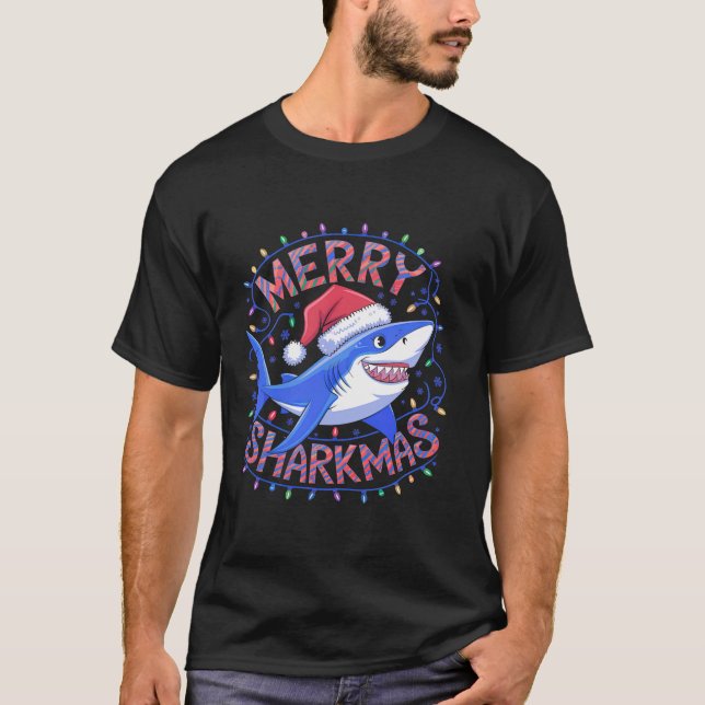 Camiseta Feliz Sharkmas Engraçado Tubarão Natal Santa Hat L (Frente)
