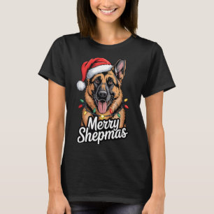 Camiseta Feliz Shepmas Pastor Alemão Luzes de Natal Zunido