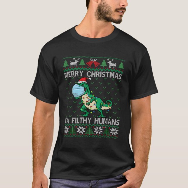 Camiseta Feliz T Rex Face Mask Ugly Dinossaur Para O Natal (Frente)