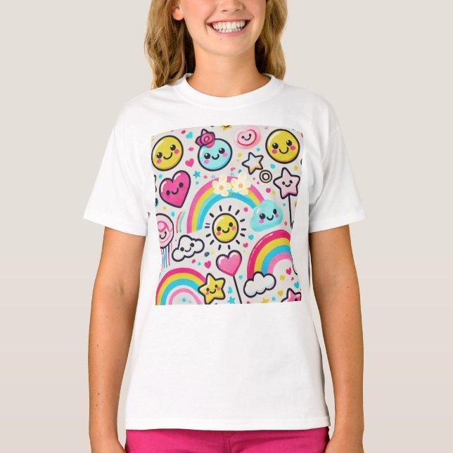 Camiseta Feliz Teto Arco-Íris De Meninas Emoji Para O Dia D (Frente)