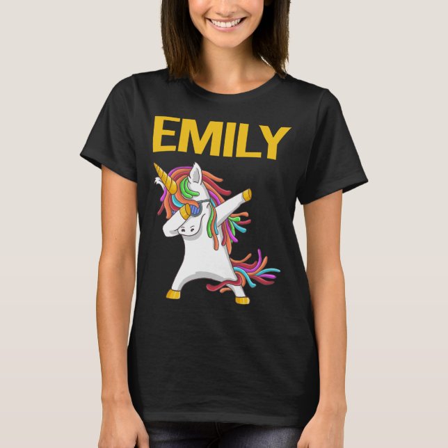 Camiseta Feliz Unicórnio - Nome da Emily (Frente)