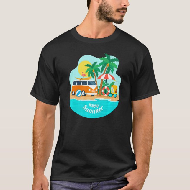 Camiseta Feliz Verão Sun Beach Blue Sea Árvores Refreshing  (Frente)