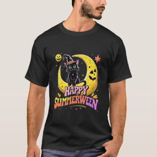 Camiseta Feliz Verãoween Gato Preto Halloween Vibes de Prai