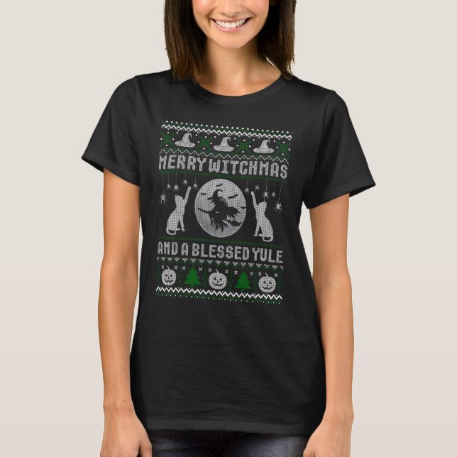 Camiseta Feliz Witchmas Cat Lover Ugly Christmas Sweater (Frente)