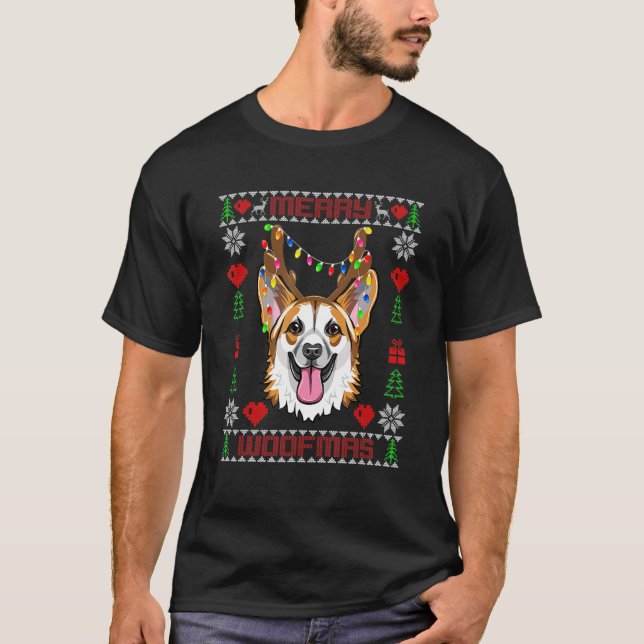Camiseta Feliz Woofmas Corgi Papais noeis Scarf Ugly Christ (Frente)