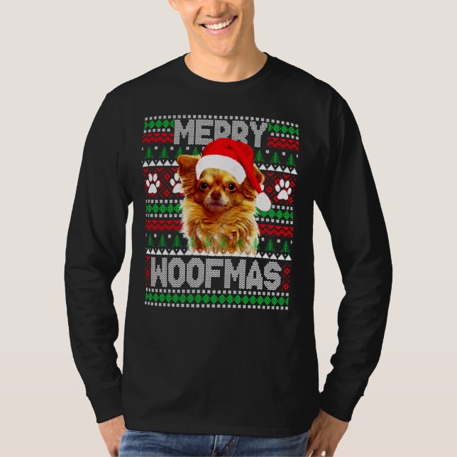 Camiseta Feliz Woofmas Cute Long Casaco Chihuahua Sw Feia (Frente)