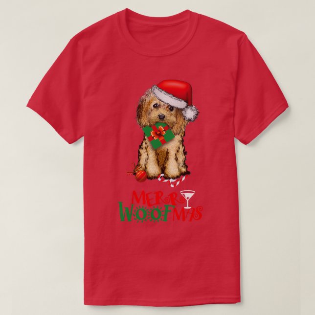 Camiseta Feliz Woofmas Natal Cãozinho de Cockapoo mamãe faz (Frente do Design)
