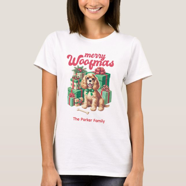 Camiseta Feliz Woofmas Nome da Família Cachorro Natal (Frente)