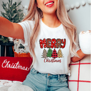 Camiseta Feliz Xadrez de Natal e Camiseta-T de Leopardo