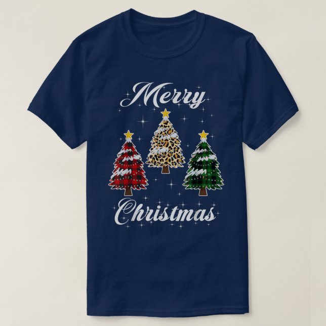 Camiseta Feliz Yall de Natal com pinheiro de Xadrez de Buff (Frente do Design)