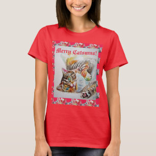 Camiseta Felizes De Gato Engraçados Felinos De Natal Mulher