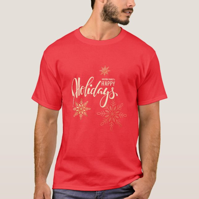 Camiseta Felizes feriados de ouro de Natal flocos de neve v (Frente)