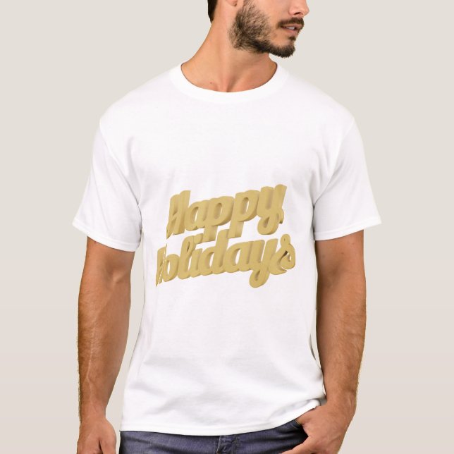 Camiseta Felizes Festas tipografia 3D dourada design. (Frente)