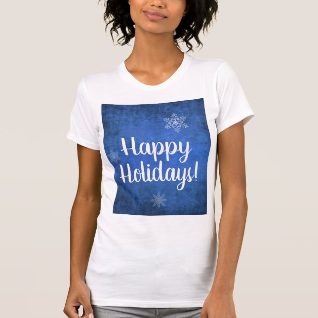 Camiseta Felizes Flocos de Neve Feriados em Azul (Frente)