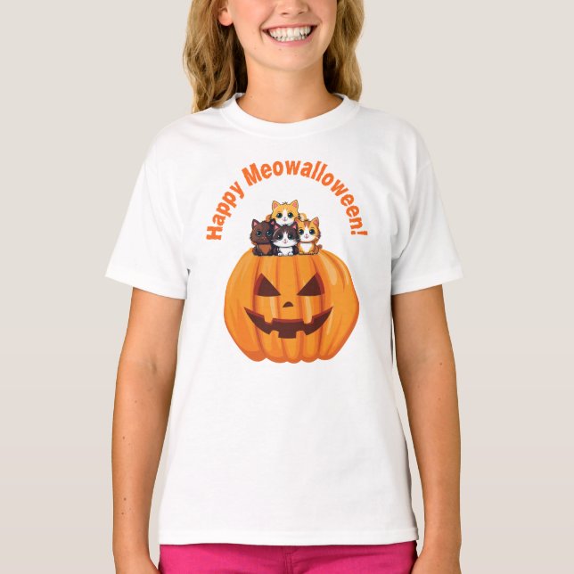 Camiseta Felizes Gatinhos de Halloween Meowalloween (Frente)