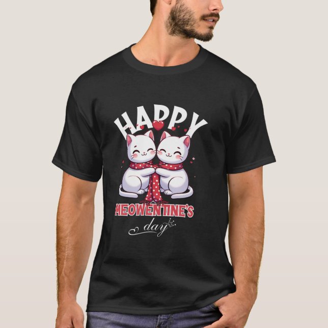 Camiseta Felizes Meowentines Day Engraçados Casais de Gato  (Frente)