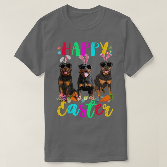 Camiseta Felz pascoa 3 Rottweiler que Veste as orelhas de c (Frente do Design)