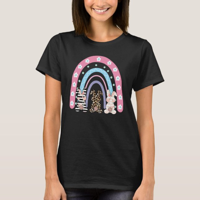 Camiseta Felz pascoa Bonito Arco-Íris Leopardo Páscoa Coelh (Frente)