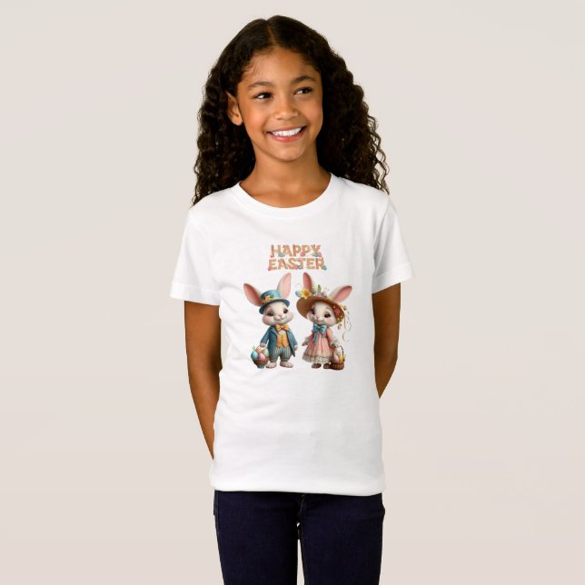 Camiseta Felz pascoa branco, com 2 coelhos (Frente Completa)