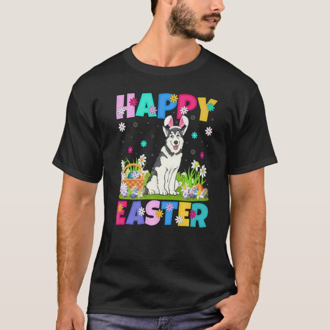 Camiseta Felz pascoa Bunny Alaskan Malamute Dog Páscoa Sun (Frente)