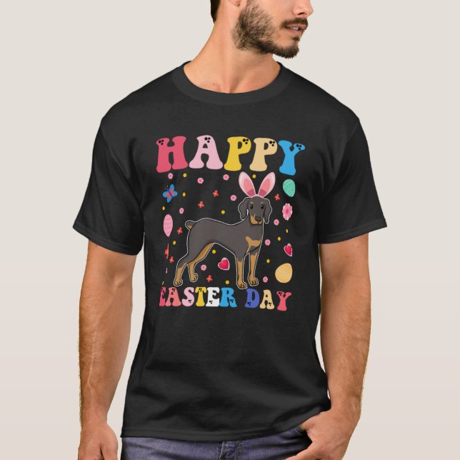 Camiseta Felz pascoa Bunny Doberman Páscoa Day Groovy (Frente)