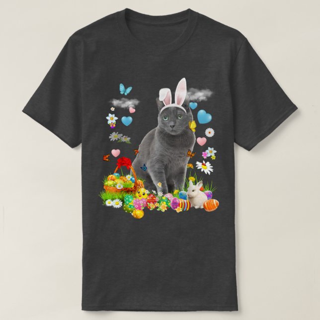 Camiseta Felz pascoa Coelhinho Gelado Gato Russo Azul Cesto (Frente do Design)