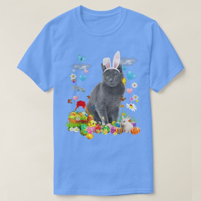 Camiseta Felz pascoa Coelhinho Gelado Gato Russo Azul Cesto (Frente do Design)