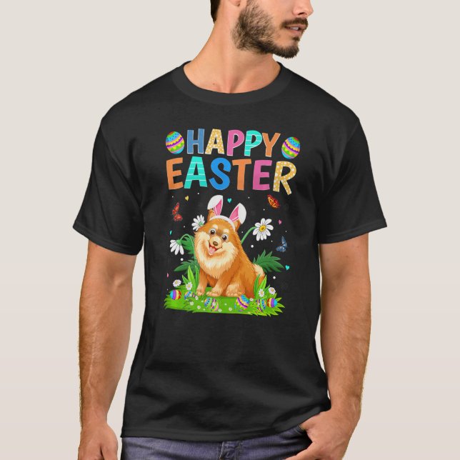 Camiseta Felz pascoa Coelho Ovo Engraçado Páscoa de Cão Pom (Frente)