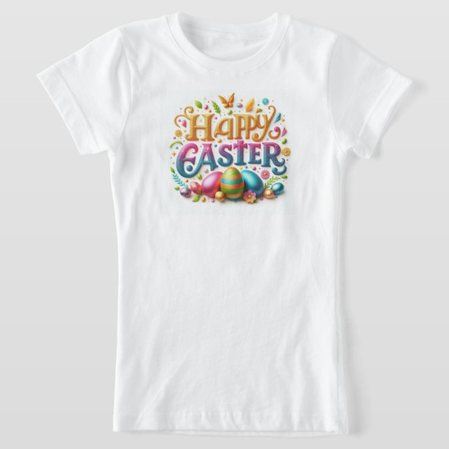 Camiseta Felz pascoa com a tipografia dos ovos de Páscoa (Postura )