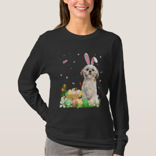Camiseta Felz pascoa Cute Bunny Shih Tzu Vestindo Bunny Ear