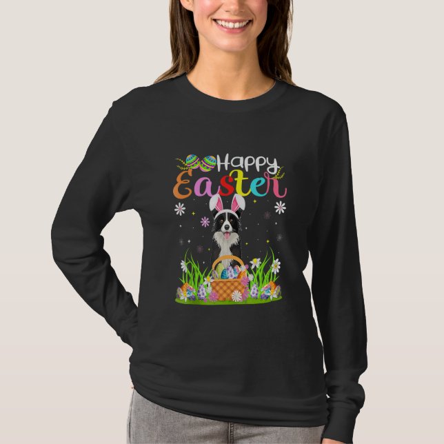 Camiseta Felz pascoa de Cachorro Coelho Cercado (Frente)