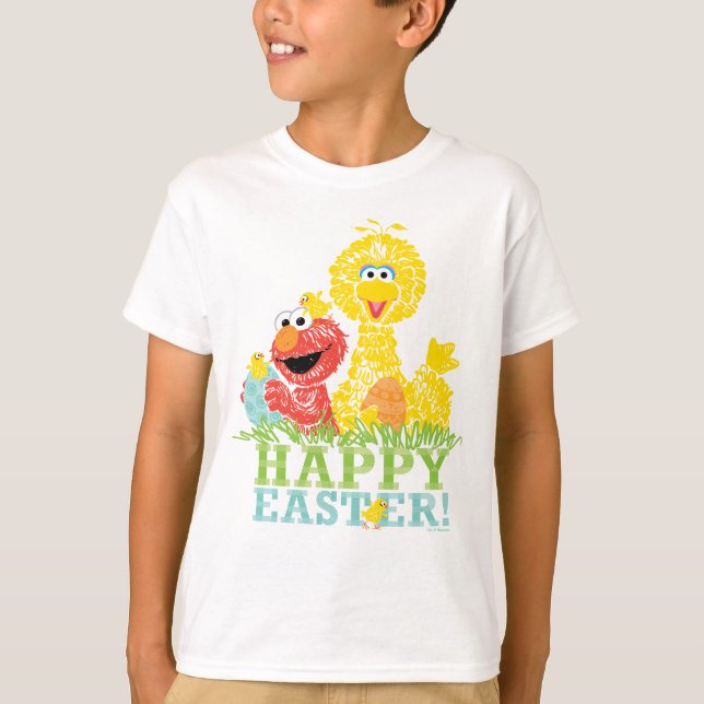 Camiseta Felz pascoa de Elmo e Big Bird (Frente)
