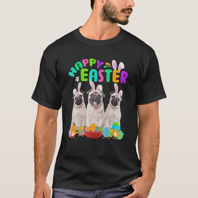 Camiseta Felz pascoa de Pug Vestindo coelho (Frente)