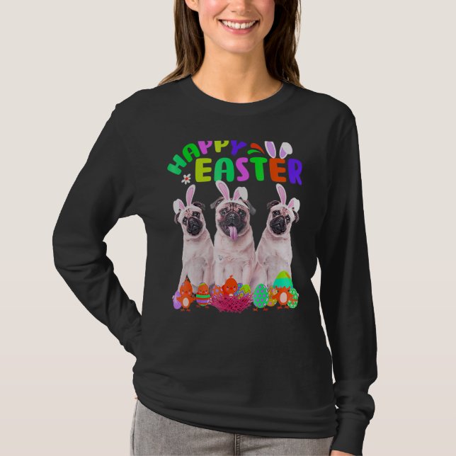 Camiseta Felz pascoa de Pug Vestindo coelho (Frente)
