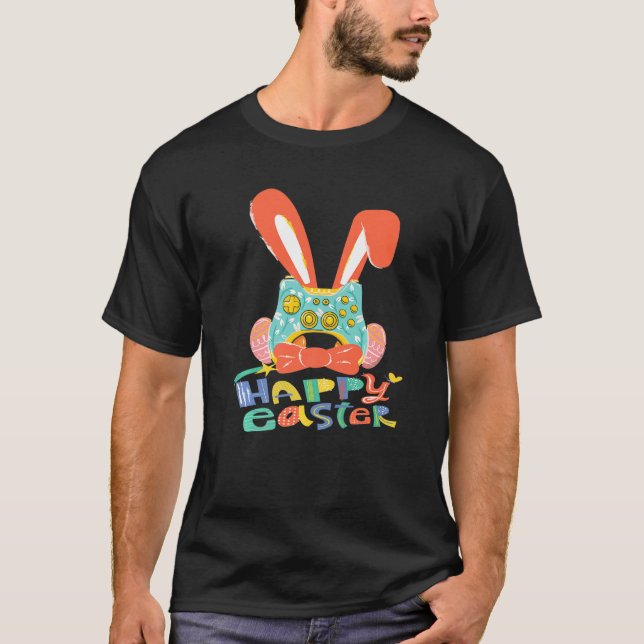 Camiseta Felz pascoa Joystick Bunny Tie Crianças Engraçadas (Frente)