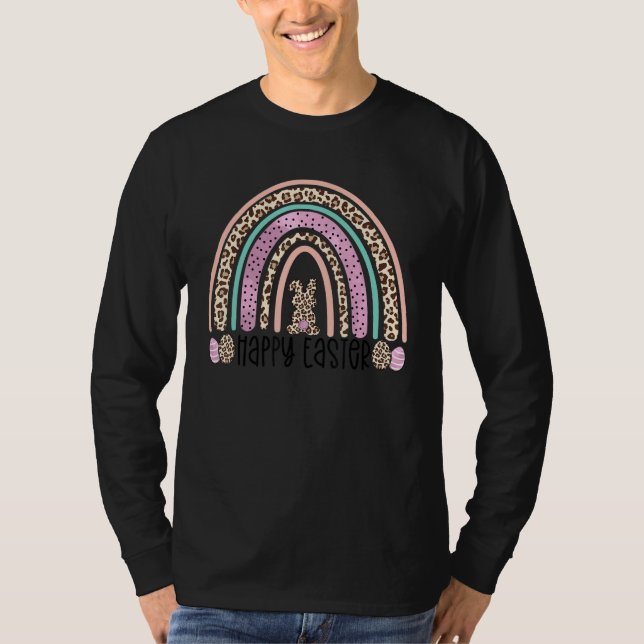 Camiseta Felz pascoa Rainbow Leopard Bunny Egg Hunting Wom (Frente)