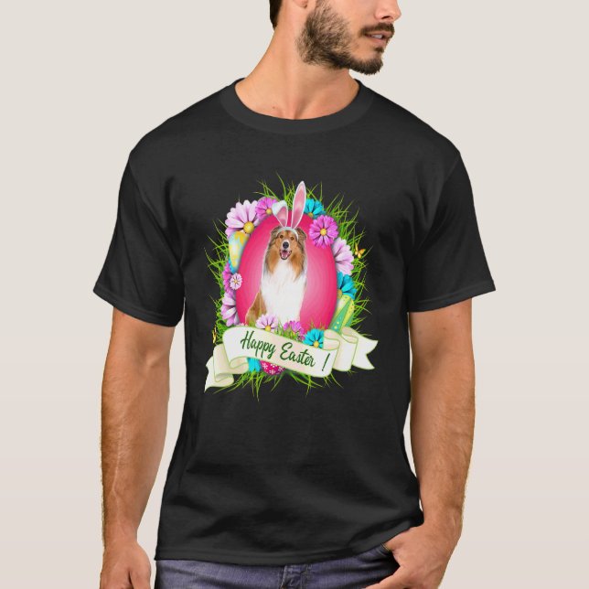 Camiseta Felz pascoa Rough Collie Vestindo Ovos De Ouvido C (Frente)