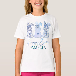 Camiseta Felz pascoa Três Coelho Floral Azul Personalizado