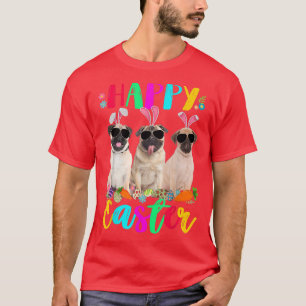 Camiseta Felz pascoa Três Pug Vestindo Coelhinhos Orelhas F