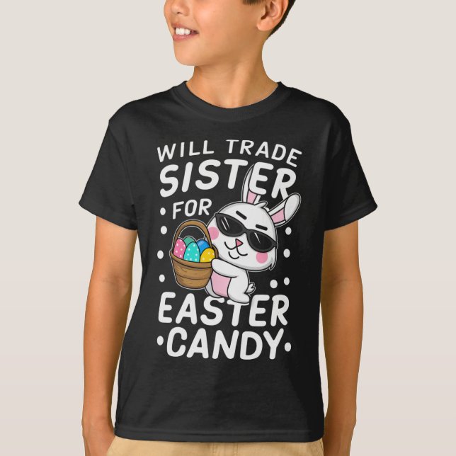 Camiseta Felz pascoa Trocará Irmã Para Páscoa Doces Bo (Frente)