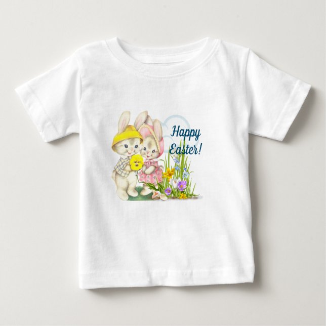 Camiseta Felz pascoa Vintage Bunnies & Flowers (Frente)