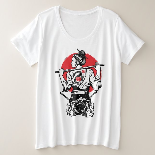 Camiseta Female Samurai Warrior – Dragon Rose Tattoo Japane (Frente do Design)