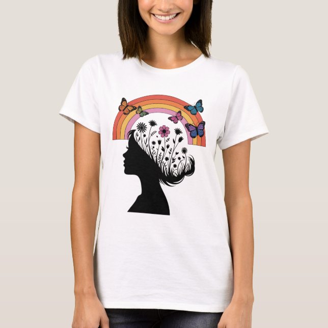 Camiseta Female Silhouette Floral Rainbow Illustration (Frente)