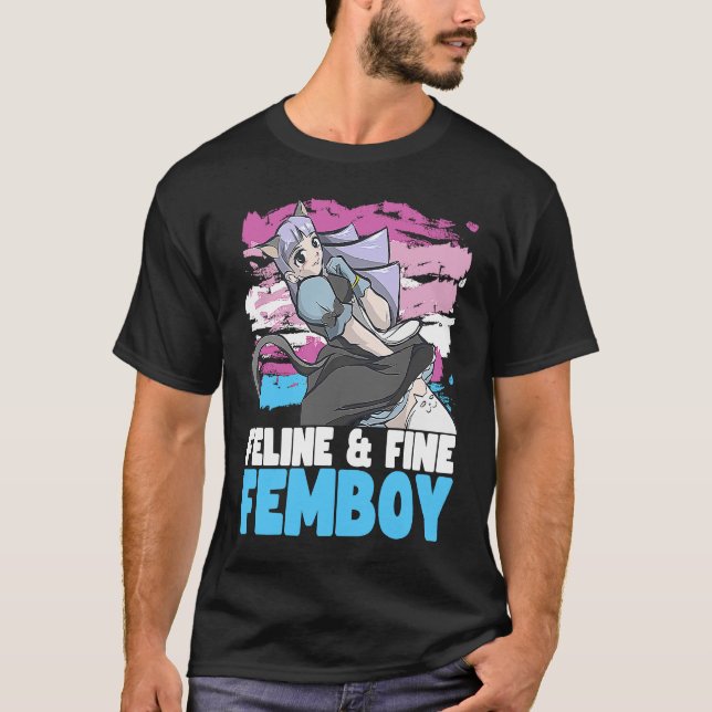 Camiseta Femboy Maidcore com Cat Ears Feline e Fine Femboy (Frente)