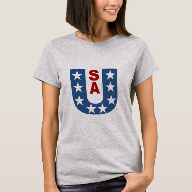 Camiseta fêmea, DESIGN de acier clair EUA (Frente)