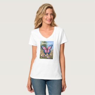 Camiseta Feminina Básica, Gola em V Borboleta