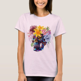 Camiseta Feminina Caveira de Vidro com Flores de P