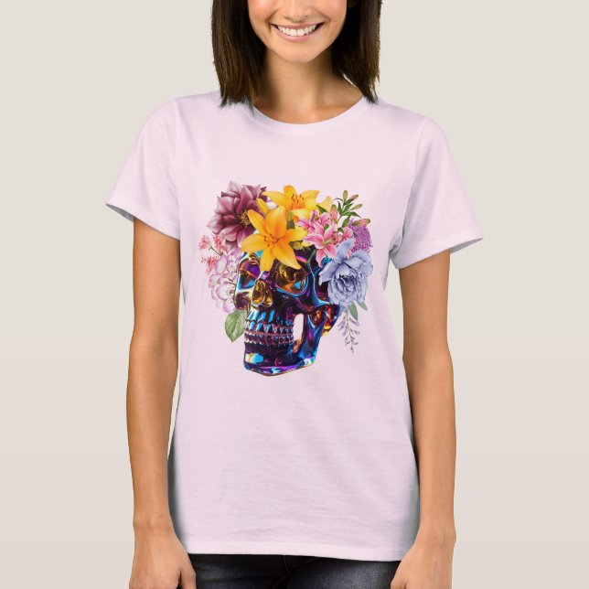 Camiseta Feminina Caveira de Vidro com Flores de P (Frente)