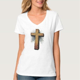 Camiseta Feminina com Cruz Cristã em Decote V Ousa